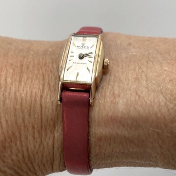 Rolex Vintage Swiss Oyster Perpetual Yellow Gold Red Leather Strap Women's Watch - Picture 12 of 17